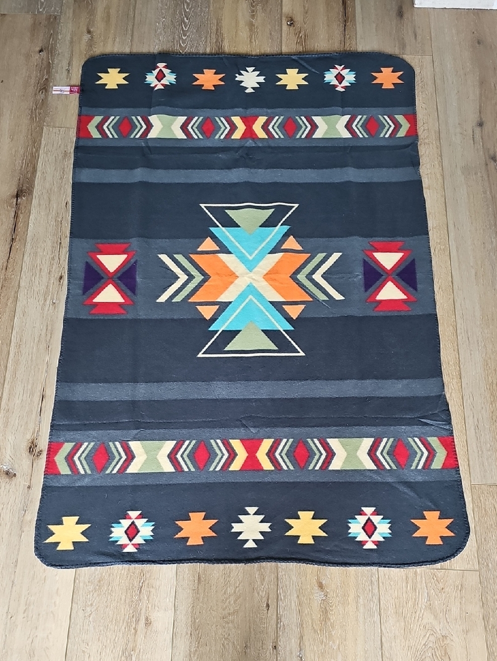 Southwestern Tribal Pattern Throw Blanket - Navy with Turquoise & Orange Accents